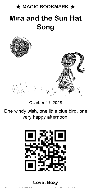 A printed Boxy magic bookmark for the story Mira and the Sun Hat Song